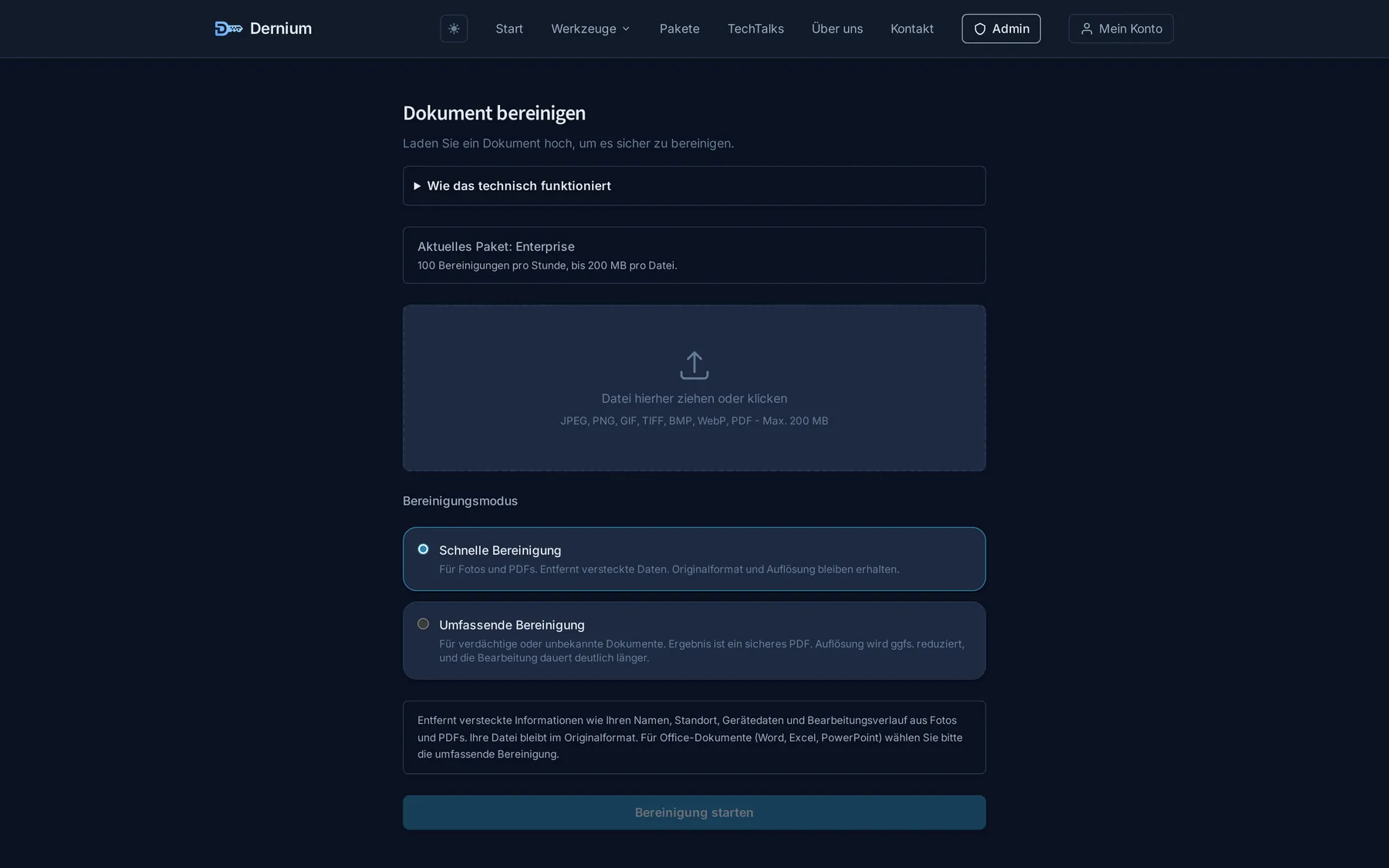Die Dernium-Clean-Oberfläche zum Bereinigen eines Dokuments von versteckten Metadaten