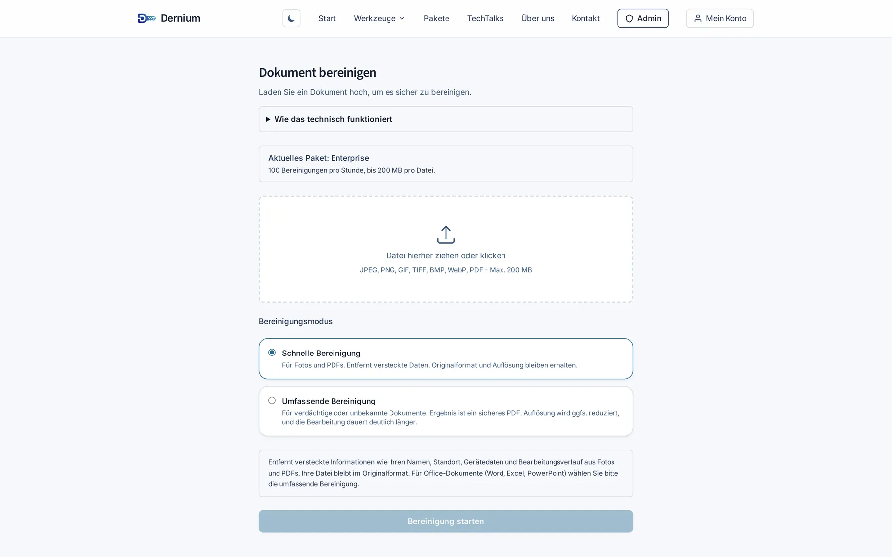 Die Dernium-Clean-Oberfläche zum Bereinigen eines Dokuments von versteckten Metadaten
