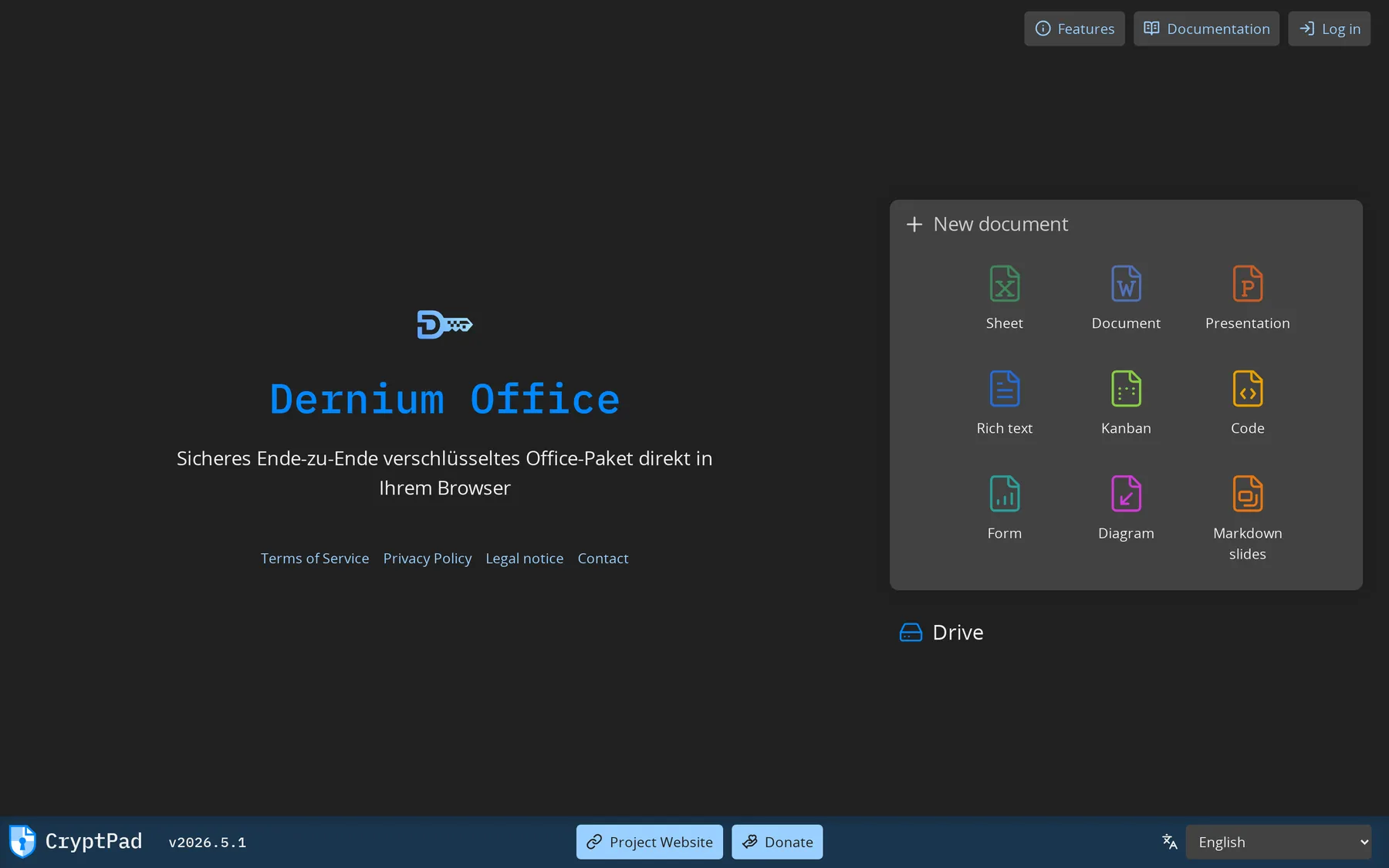 Die Dernium-Office-Oberfläche mit Dokumenttypen und verschlüsseltem Drive
