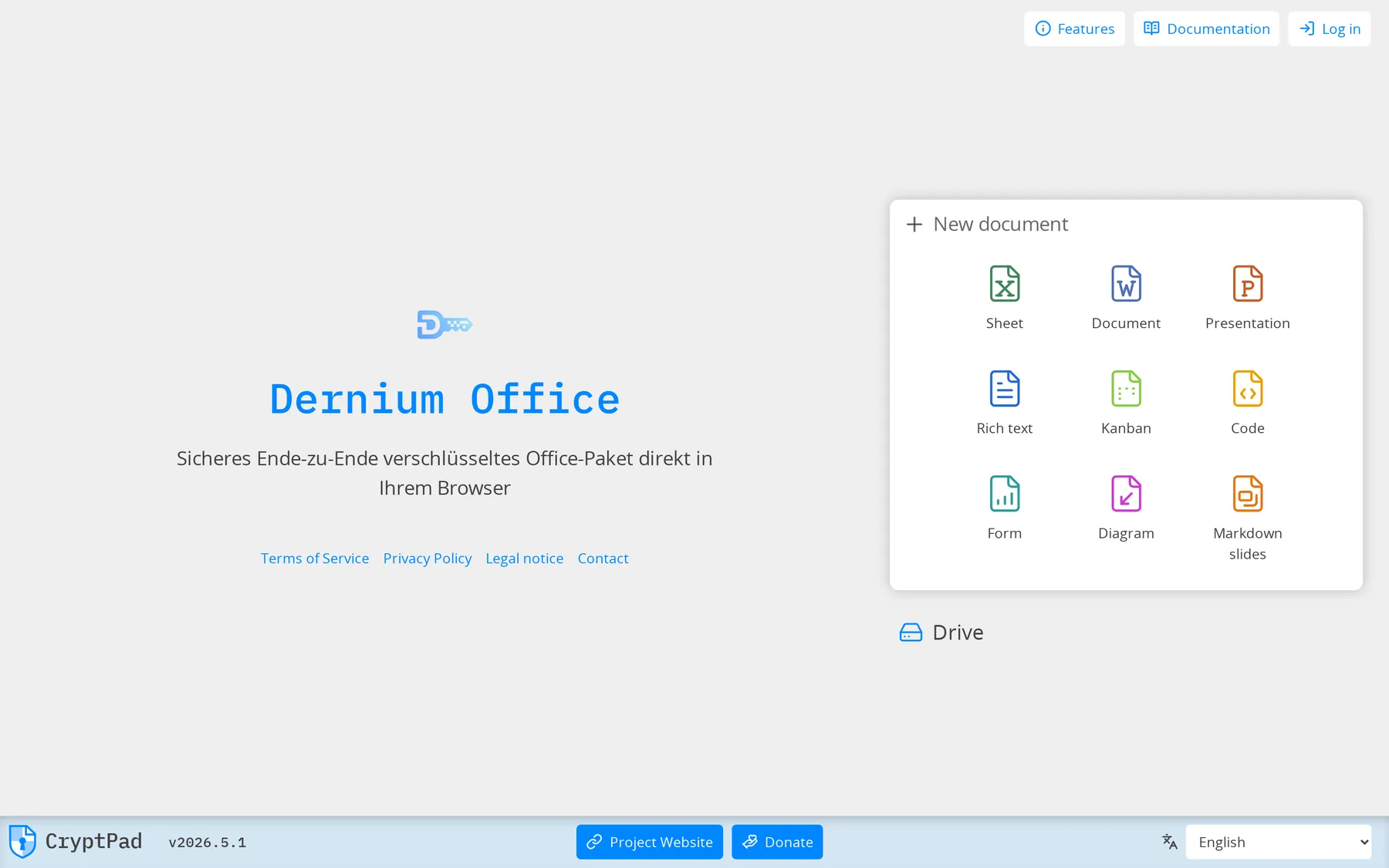 Die Dernium-Office-Oberfläche mit Dokumenttypen und verschlüsseltem Drive