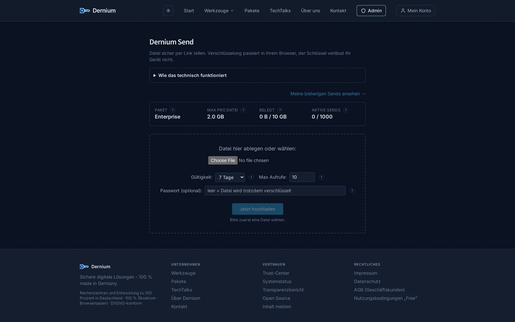 Die Dernium-Send-Oberfläche mit Upload-Feld, Gültigkeit und optionalem Passwort