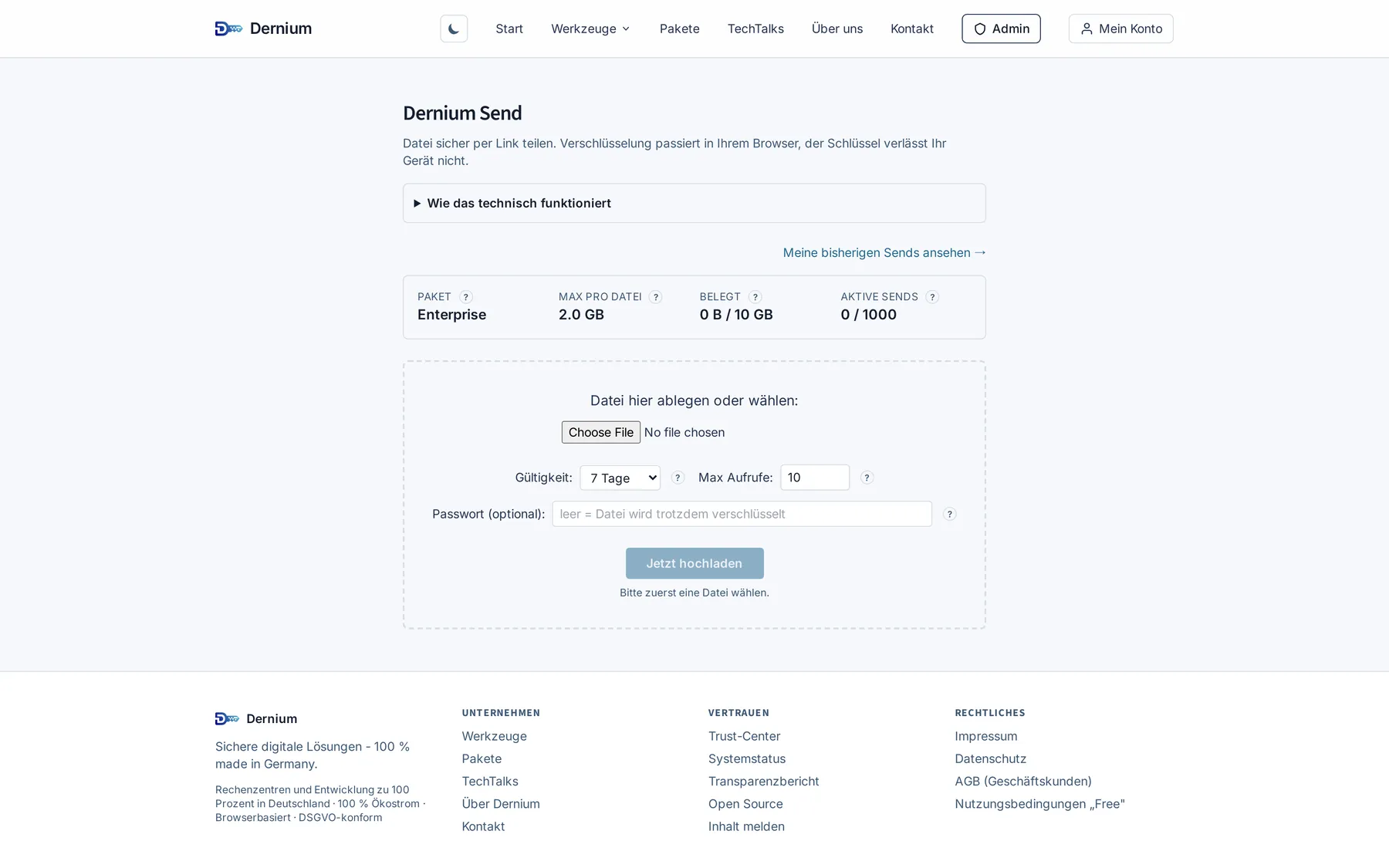 Die Dernium-Send-Oberfläche mit Upload-Feld, Gültigkeit und optionalem Passwort