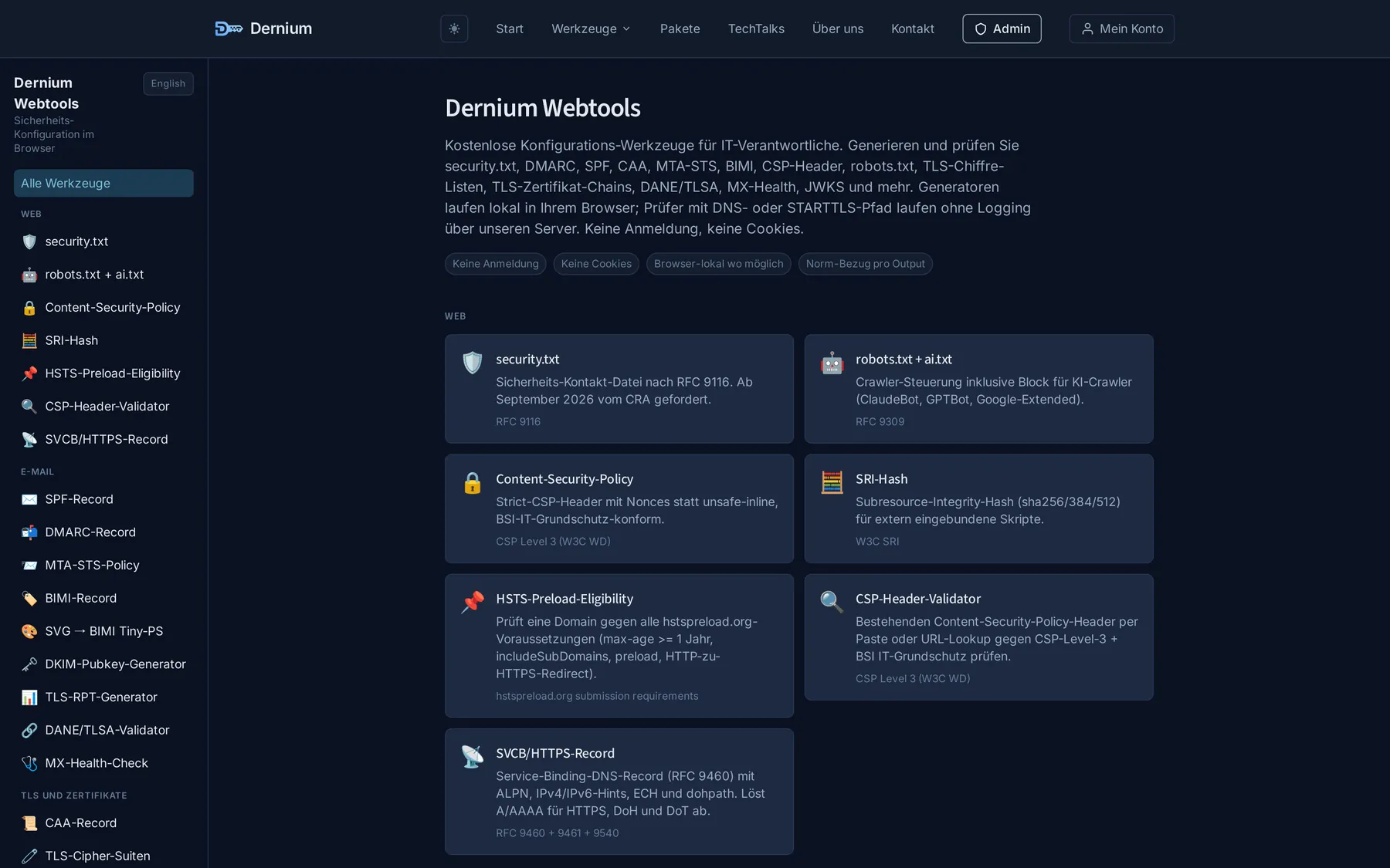 Die Dernium-Webtools-Oberfläche mit Generatoren und Prüfern für DNS, E-Mail und Sicherheit