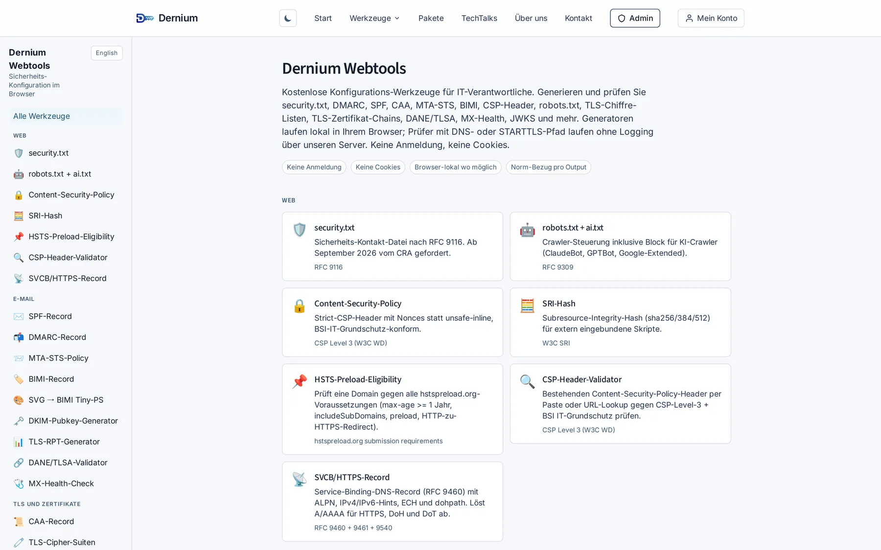 Die Dernium-Webtools-Oberfläche mit Generatoren und Prüfern für DNS, E-Mail und Sicherheit